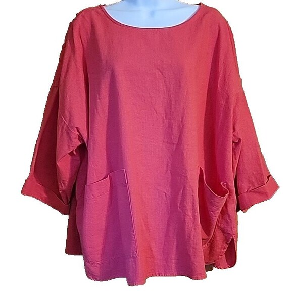 Jones New York Top Womens 1X Plus Red 3/4 Sleeve Linen Blend Pullover Blouse - Picture 2 of 10